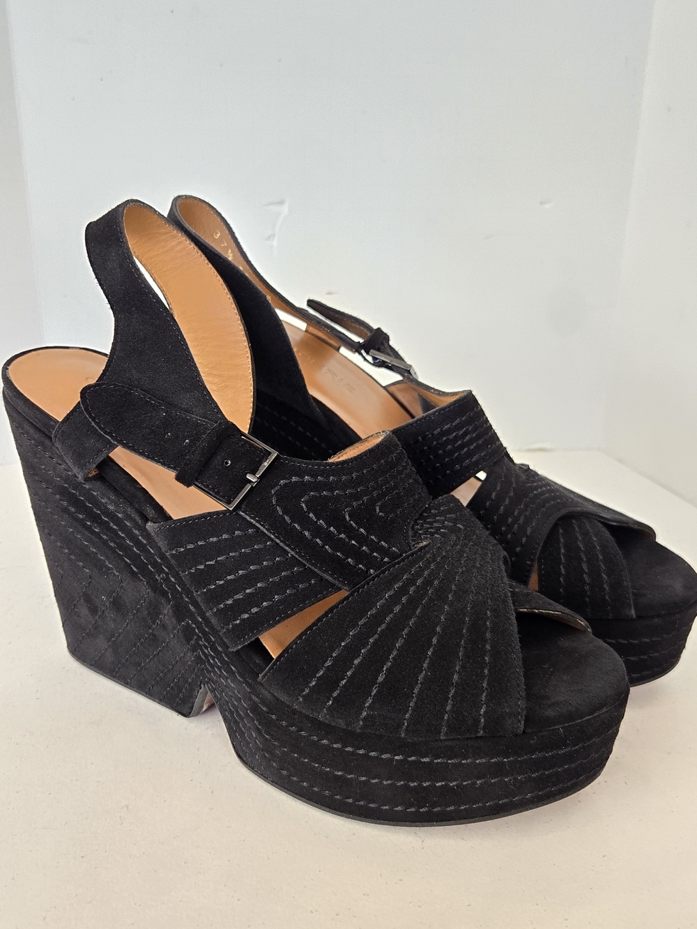 Robert Clergerie Black Suede Platform Slingback Wedges